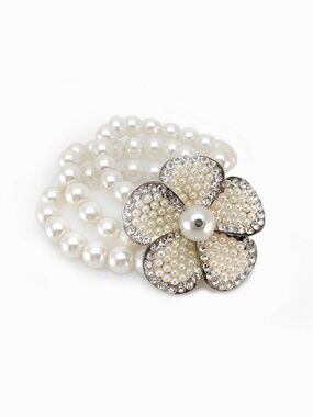 FAUX-PEARL Triple Strand Expandable Bracelet with Camellia Detail Unsigned